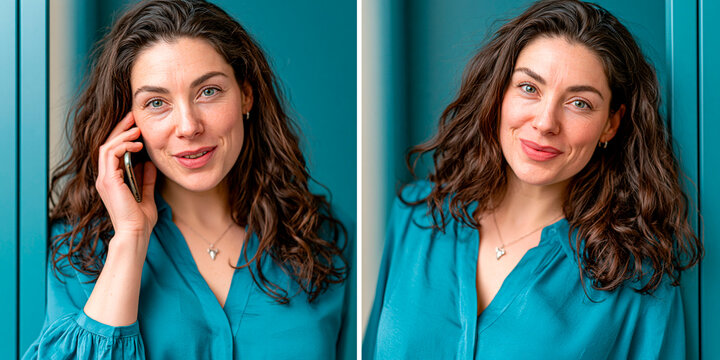 Smiling woman in turquoise blouse talking on smartphone and posing for portrait against teal background, communication and confident lifestyle concept