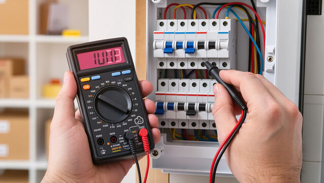 Electrician testing voltage with multimeter in circuit breaker box, Technician measuring electrical current in distribution board, Electrician inspecting circuit breaker panel with digital multimeter