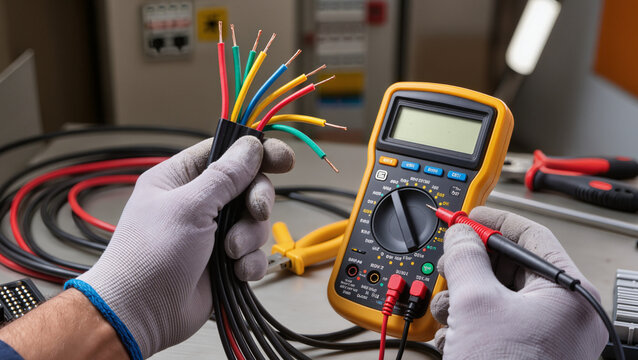 Electrician testing voltage with multimeter in circuit breaker box, Technician measuring electrical current in distribution board, Electrician inspecting circuit breaker panel with digital multimeter