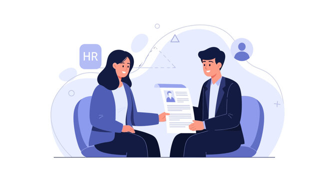 Business meeting: HR manager interviewing a male candidate during a job interview, holding a resume