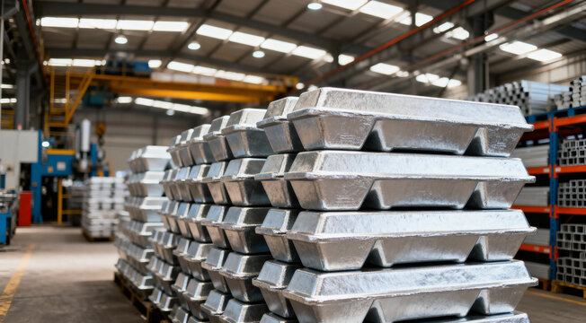 Raw aluminium ingot blocks arranged in stacks at an aluminium extrusion production facility.