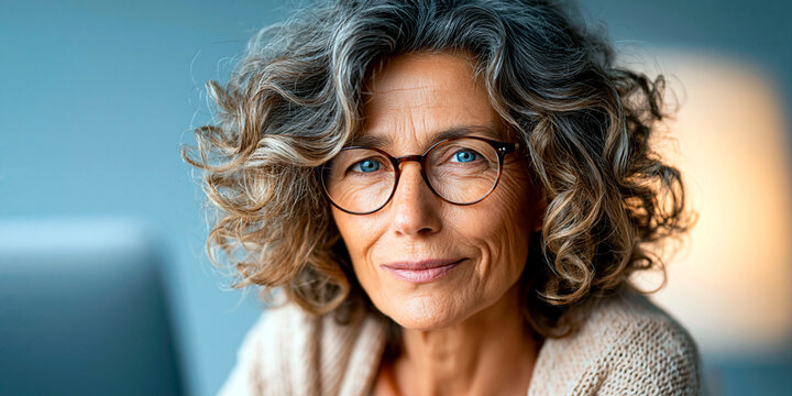 Confident mature woman with curly gray hair and glasses smiling at camera indoors, closeup portrait expressing natural beauty, wisdom and graceful aging