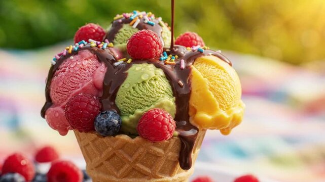 Delicious chocolate sauce pouring over colorful assorted ice cream scoops in waffle cone outdoors.