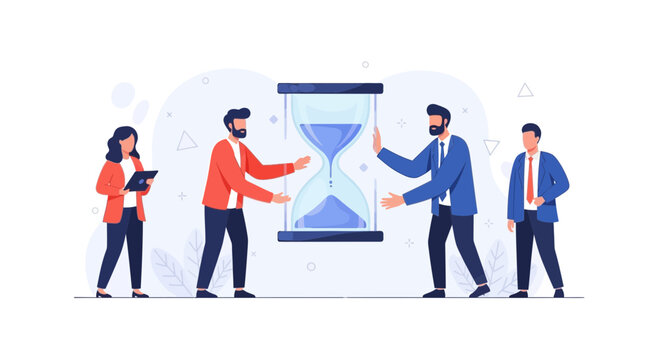 Business team managing time and project deadlines with hourglass illustration