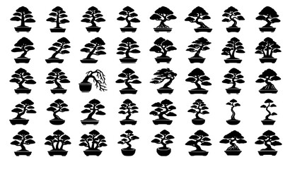Fototapeta premium Minimalist Bonsai Tree Black Silhouette Vector Collection with Japanese Garden Artwork