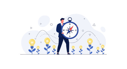 Fototapeta premium Businessman holding compass amidst growing light bulb plants, symbolizing innovation, strategy, and business growth.