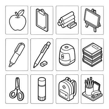 Set of school supplies icons featuring apple clipboard chalk easel marker pen sharpener books scissors glue backpack desk kit.