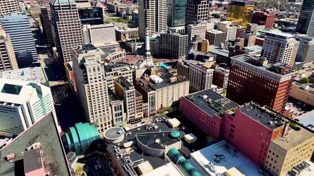 drone footage capturing the heart of Indianapolis, Indiana, showcasing its iconic skyline, contemporary architecture, commercial district, and expansive city layout from a breathtaking perspective abo