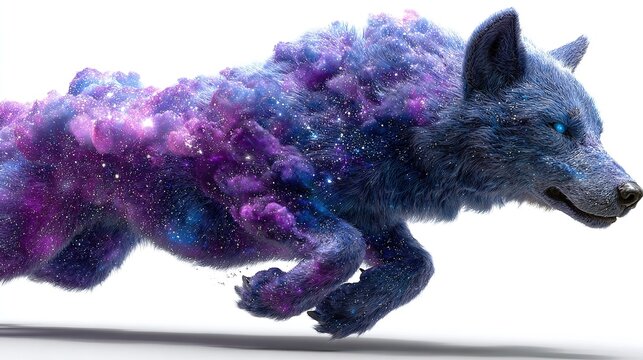 Cosmic Wolf Spirit: A powerful wolf, its body shimmering with the vibrant colors of a distant nebula, streaks forward with fierce determination, embodying the wild and mystical essence of the cosmos.