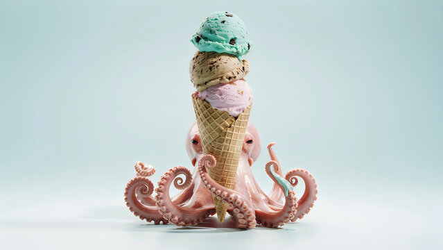 Surreal ice cream sculpture featuring an octopus holding a triple scoop cone against a pale blue backdrop