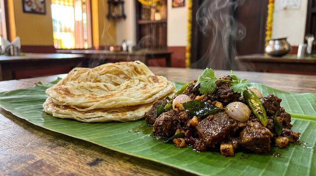 Kerala Parotta Served with Spicy Beef Curry and Traditional Side Dish on Banana Leaf