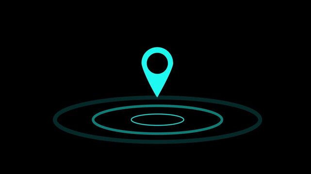 Animated map location pin with pulsing radar circles, digital gps navigation for ui and technology presentations