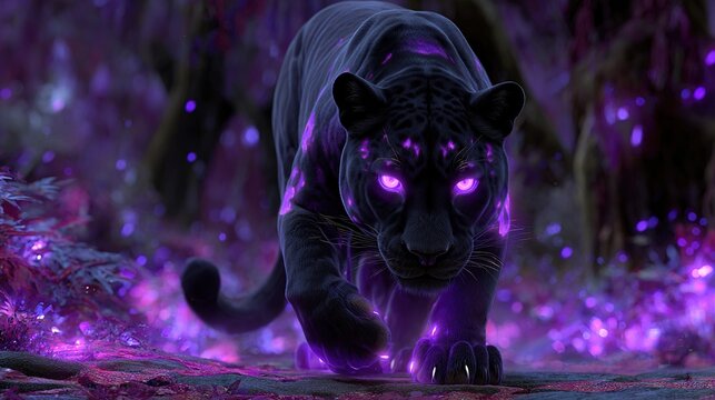 Mystical Black Panther: A sleek black panther emerges from the shadows, its eyes glowing with an otherworldly purple light, surrounded by an ethereal aura of magical particles in a dark.