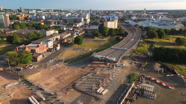 Gateshead UK: 20th July 2026: The demolition of the Gateshead Flyover drone footage. Nearby buildings and open areas are visible, with construction work ongoing