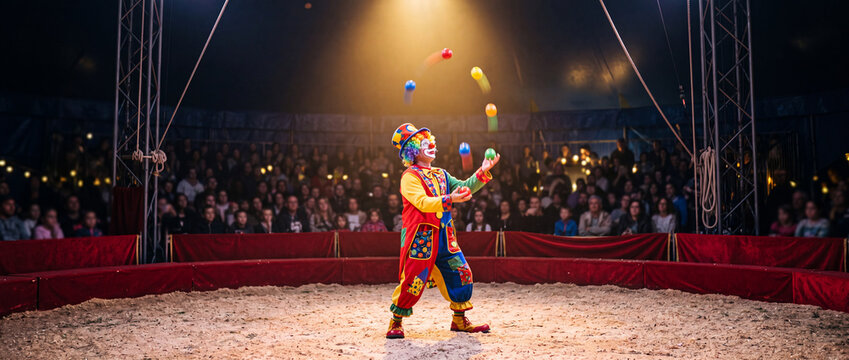 Colorful clown juggling under spotlight in circus ring with enthralled live audience