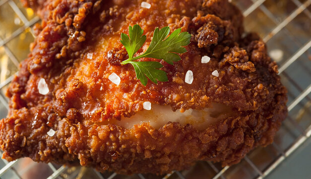 Macro close-up of crispy golden brown fried chicken resting on a wire cooling rack, garnished with sea salt flakes and parsley, revealing juicy white meat inside, premium food photography.
