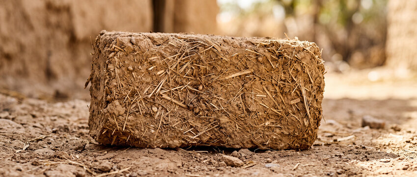 Sun-dried adobe mud brick with straw texture on earthen ground in rural village