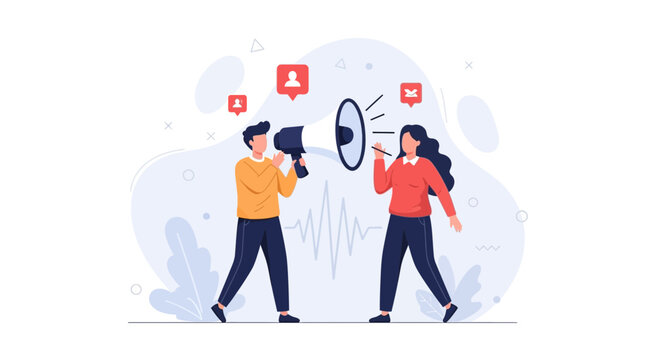 Diverse People Announcing with Megaphones and Social Media Icons