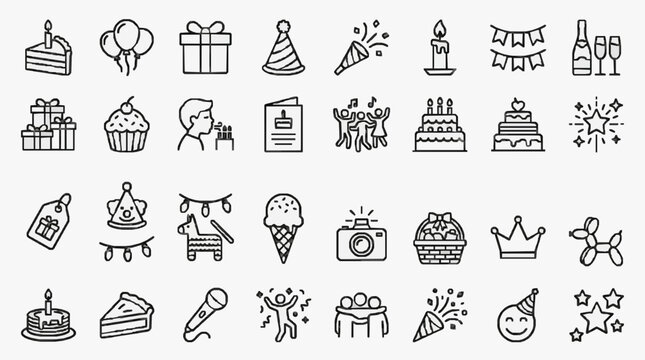 Industrial Style Black and White Line Icons Set Featuring Party Celebration Gift and Event Themed Illustrations