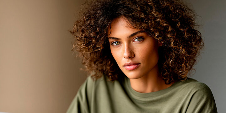 Confident woman with curly brown hair and freckles wearing green shirt, closeup portrait with natural beauty, serious expression and copy space