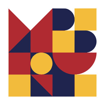 Abstract arrangement of bold geometric shapes including triangles circles and rectangles in primary colors on a white background modern minimalist composition