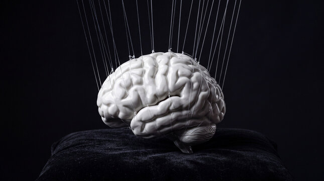 Brain under control: white anatomical brain suspended by puppet strings symbolizing mind manipulation and psychological influence