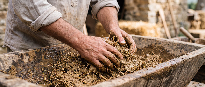 Hands mixing mud and straw for traditional cob building - artisan earthen construction technique
