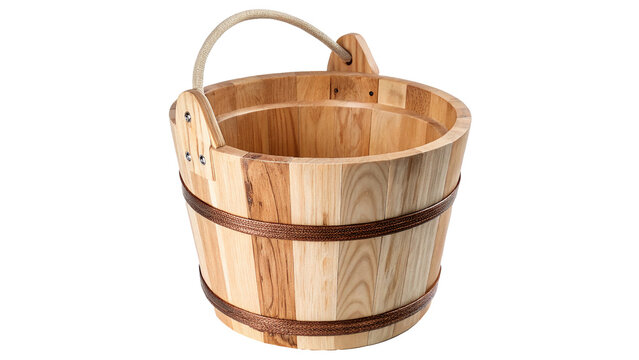 Traditional round wooden bucket pail container metal bands isolated on transparent background