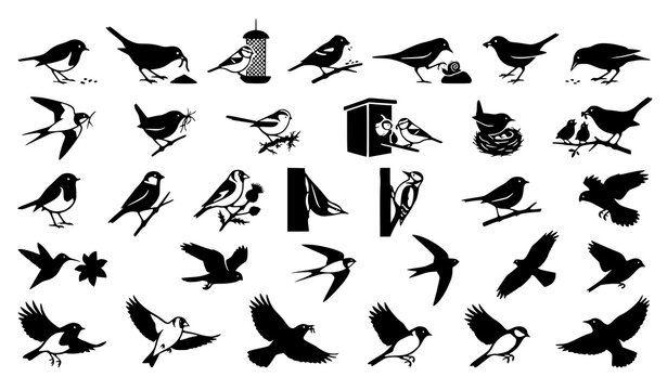 Premium bird silhouette vector pack with nesting feeding perched and flying garden birds isolated on white background