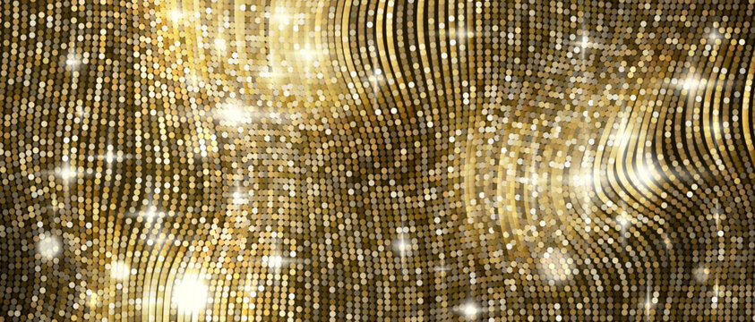 Gold sequin curtain with wavy draped folds and sparkling lens flares, shimmering metallic strand backdrop for luxury event