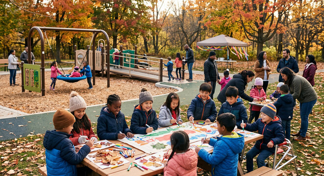 Children gathering at an outdoor park table making crafts from autumn leaves in a kid-friendly play area.