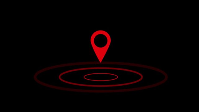 Red map pin location marker with pulsing radar circle animation on black background, navigation geolocation