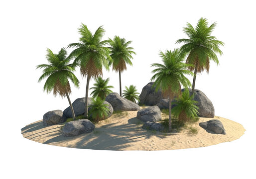 Small tropical island with palm trees and rocks isolated on transparent background