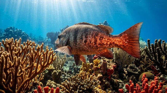 cubera snapper in caribbean coral reef underwater morning light close up video
