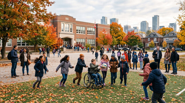 Elementary school children play football on a grassy school yard during autumn with city skyscrapers in the background