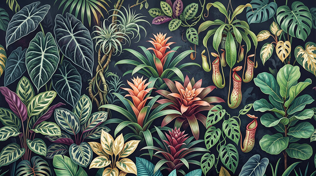 Tropical jungle foliage pattern with bromeliads, pitcher plants, alocasia, and monstera leaves on a dark background