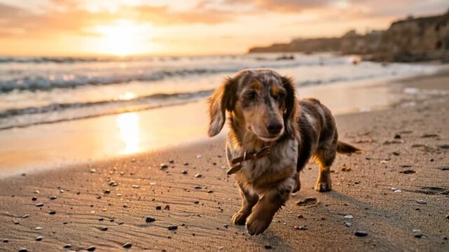 dapple dachshund dog on huntington beach california golden light close up video
