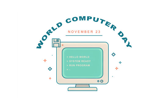 World Computer Day emblem with a retro computer monitor and programming code screen, November 23 celebration design, professional technology and computing concept graphic element, isolated PNG for dev