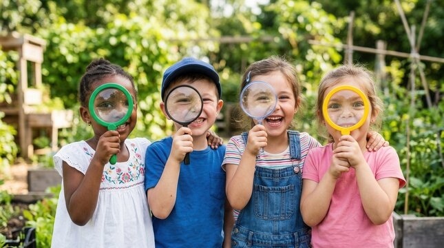Group of kindergarten kids friends holding magnifying glass for explore