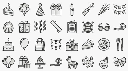 Naklejka premium Professional Black and White Line Drawing Icons Set Featuring Party Celebration Food Gifts and Festive Elements