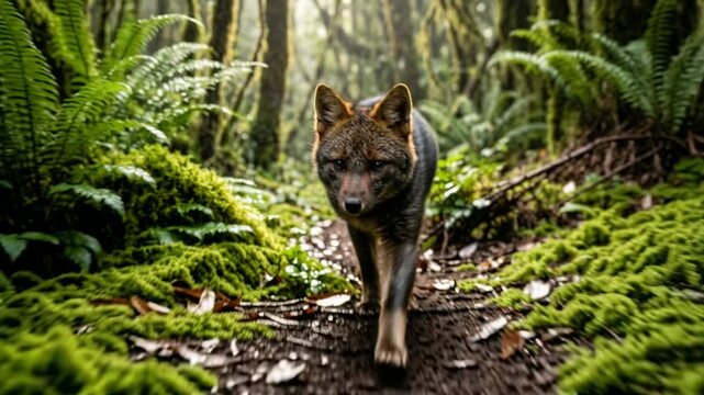 darwin's fox walking through chiloe island chile patagonian rainforest toward camera video