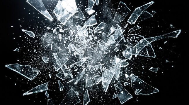 Abstract background of shattered glass shards exploding on a black background