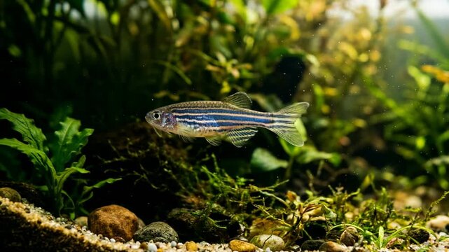 danio fish swimming in amazon river aquarium underwater morning light close up video