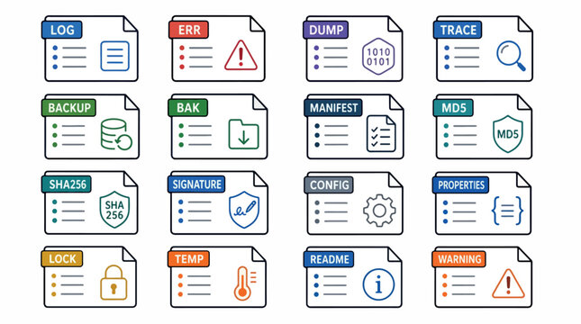 Collection of computer file icons representing different data types and functions like logs, errors,.