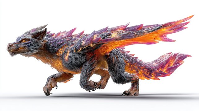 Mythical Creature of Fire and Shadow: A powerful, reptilian beast with fiery wings and a spiky, armored body moves with primal energy. Its eyes glow with an inner light, hinting at its magical nature.