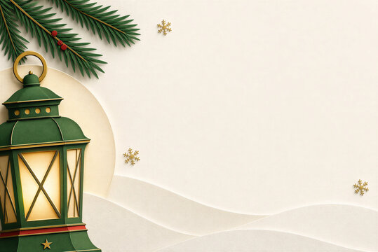 Vintage Christmas lantern on snowy background, festive winter holiday scene with pine branches, elegant seasonal greeting card template with copy space