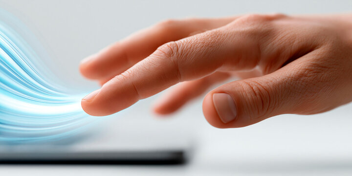 Human hand touching glowing digital interface with blue light, representing technology, innovation, connectivity, interaction and futuristic communication