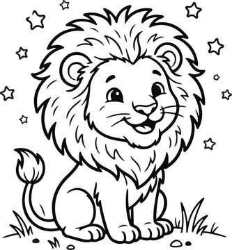 Cute lion cub sitting in grass with stars. Adorable cartoon wild animal character for kids coloring and educational projects.