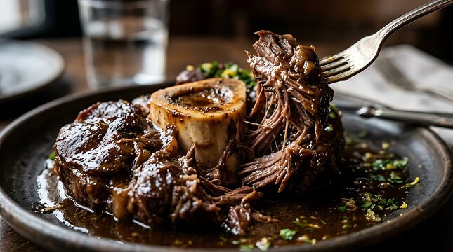 Delicious beef osso buco served on a plate with a silver fork in a fancy restaurant dining setting. veal osso bucco