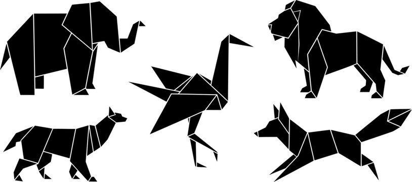 Origami style animal silhouettes black elephant lion bird wolf fox vector